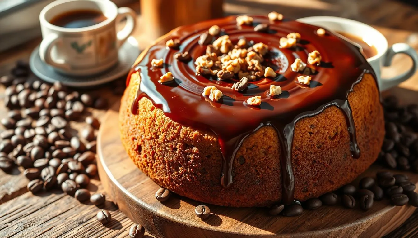 date coffee cake with walnuts and espresso glaze